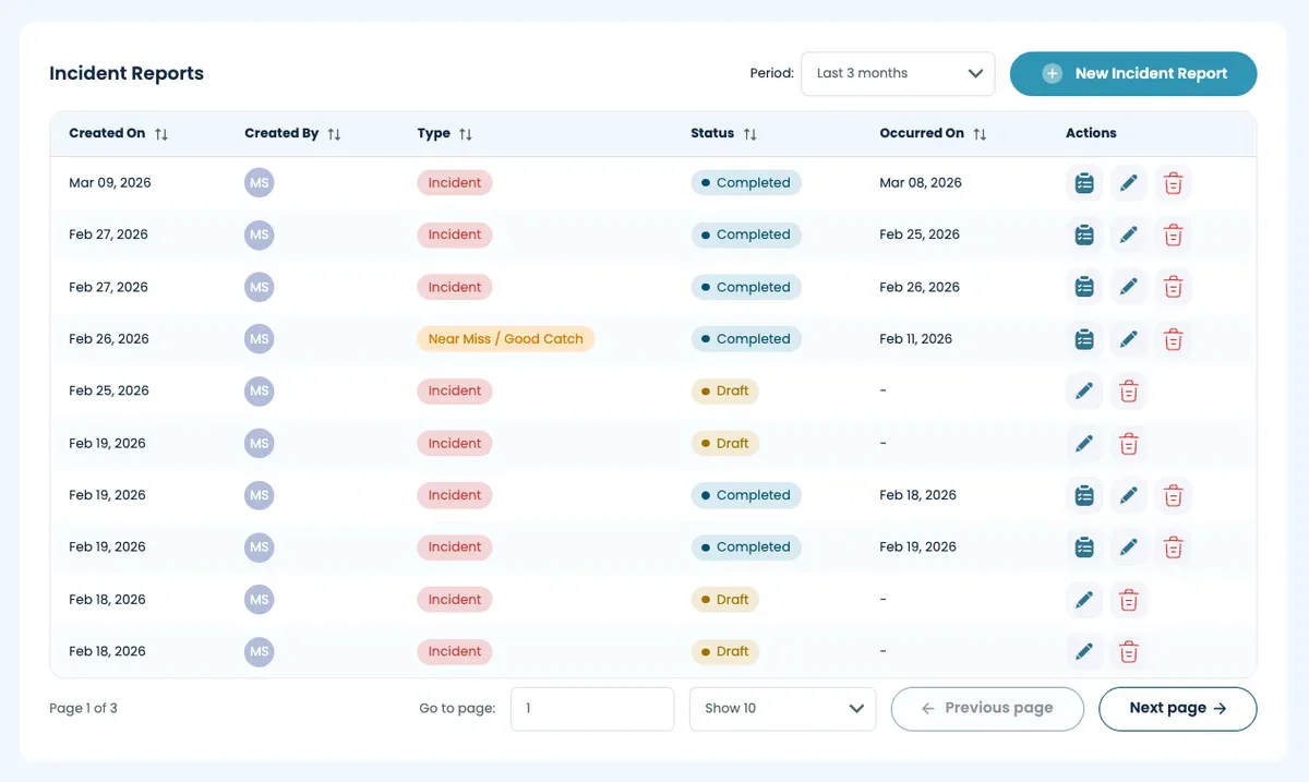 MAPflow incident reports list showing status tracking and incident types
